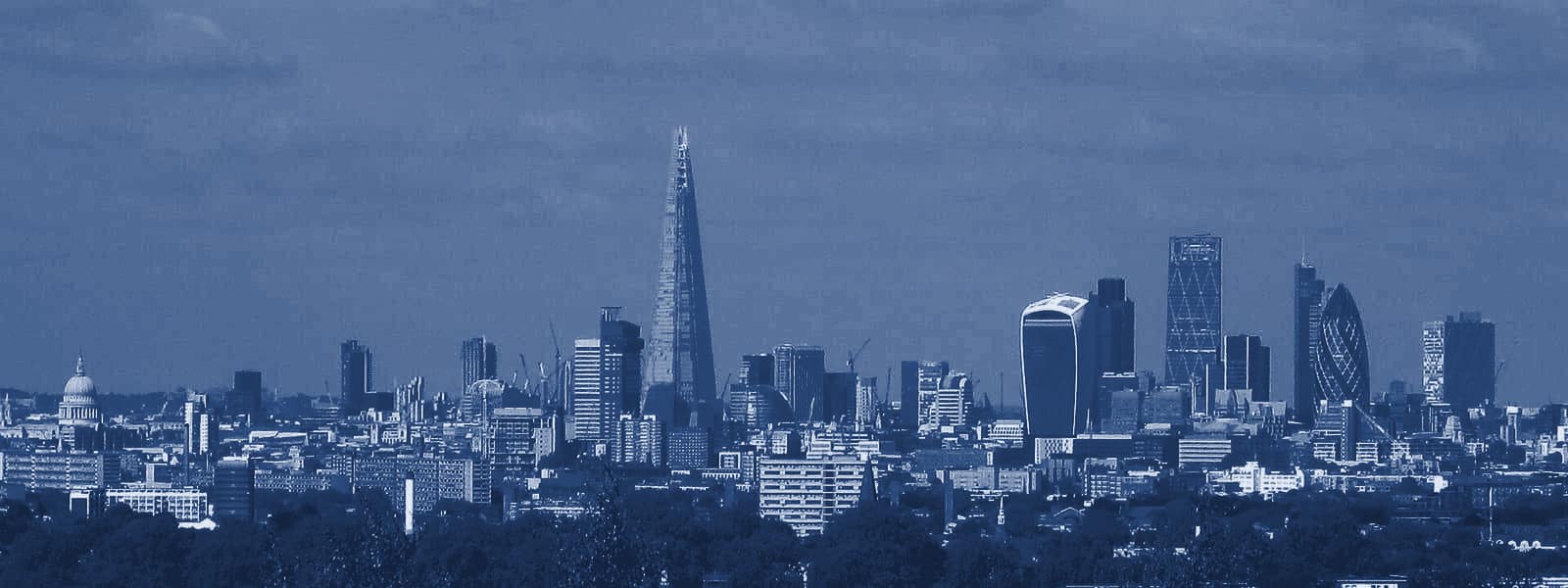 The City of London skyline seen across south London rooftops and trees, the towers of the financial district on the horizon